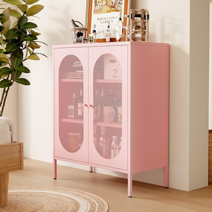 2 Doors Locker Metal Storage Cabinet, Storage Cabinet with Legs, Buffet Cabinet with Adjustable Shelves for Home, Office, Entryway and Hallway (Mesh Door Cabinet, Pink)