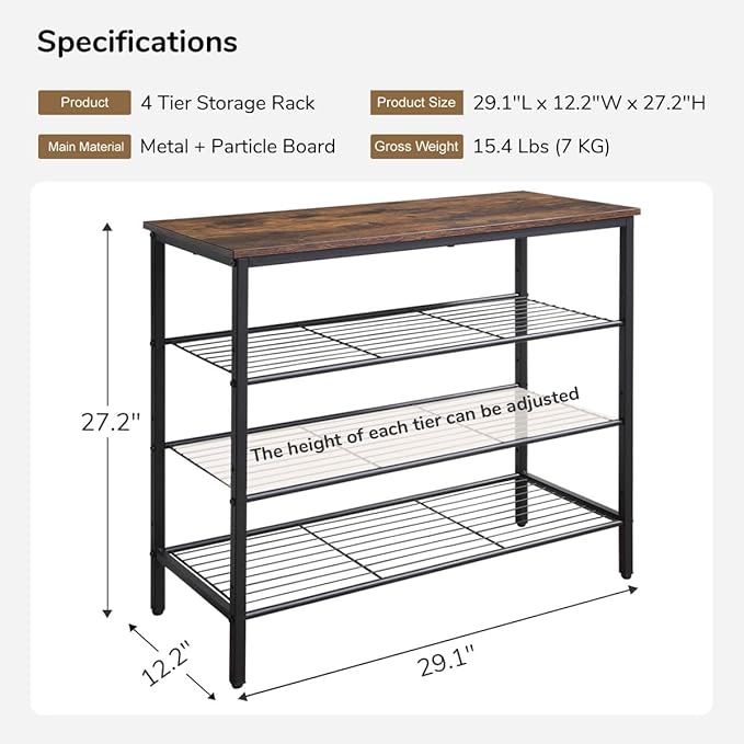 4-Tier Shoe Rack Organizer, Metal Mesh Shoe Storage Shelf, for Entryway, Hallway, Closet, Dorm Room, Industrial, Rustic Brown-NeatNest