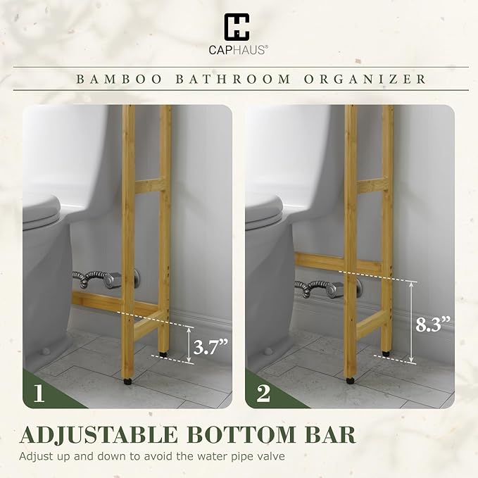 CAPHAUS Over The Toilet Storage Shelf,7-Tier Bamboo Bathroom Organizer Shelf Rack Over Toilet with Adjustable Feet & Hooks, Freestanding Toilet Shelf for Bathroom Laundry Balcony Plant Stand,Natural-NeatNest
