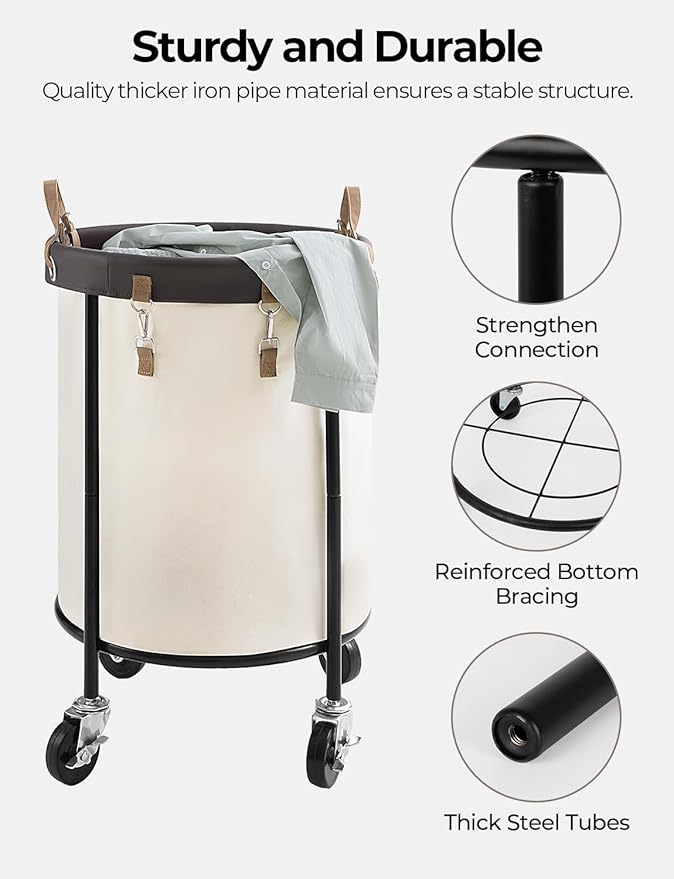 StorageWorks 110L Rolling Laundry Basket, Clothes Hamper with Wheels, Round Clothing Cart with Steel Frame and Removable Bag, 4 Casters and 2 Brakes, Beige, 1-Pack