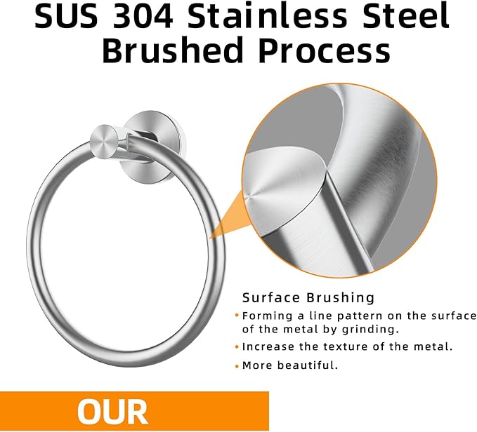 Brushed Silver Towel Ring, SUS304 Stainless Steel Hand Towel Holder for Bathroom Kitchen, Modern Style Towel Hanger, Thicken Ring Towel Holder, Towel Rack Round Wall Mounted (1, Brushed Silver)-NeatNest