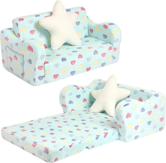 Extra Wider Seating Toddler Couch, 2-in-1 Toddler Soft Couch Fold Out with Star Pillow, Convertible Sofa to Lounger for Girls and Boys-NeatNest