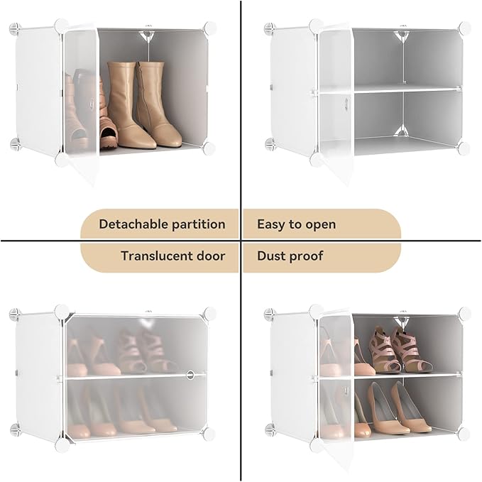 Portable Shoe Rack Organizer with Door, 48 Pairs Storage Cabinet Easy Assembly, Plastic Adjustable Stackable Detachable Free Standing DIY Expandable 8 Tier White, (NNF-XJ-012)-NeatNest