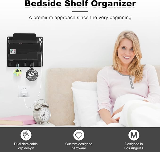 JUMEIHUI Wall Mount Shelf Organizer, Adhesive Bedside Shelf Accessories with Hooks and Cable Clips, Dorm Room Wall Storage for Phone, Remote, Earphone, Kindle, Plastic(Black)