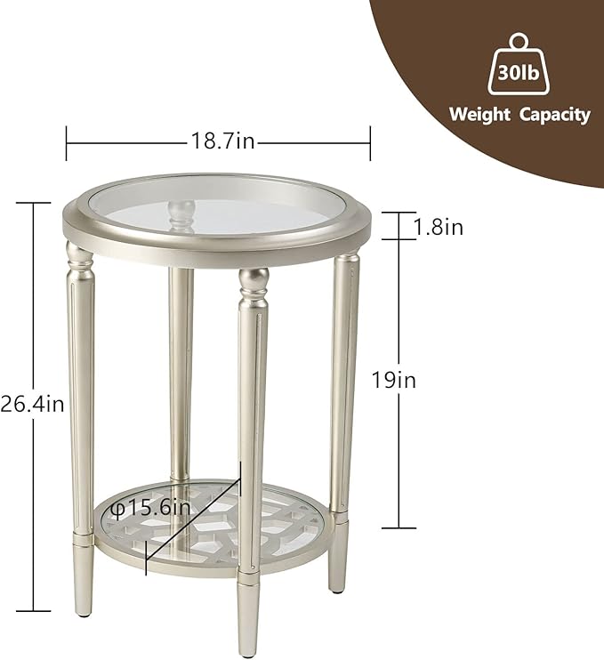 COSIEST Round Side Table, End Table Glass with Wood Frame, Champagne Gold Bedside Table with Modern Style for Living Room, Balcony, Bedroom-NeatNest