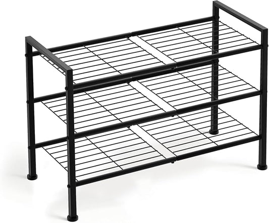 Simple 3 Tier Shoe Rack,Metal Stackable Shoe Storage Organizer for Closet,Entryway, Bedroom, Black (Black, 3-Tier)-NeatNest