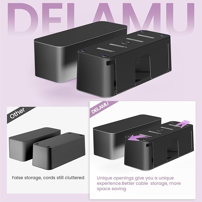DELAMU 2 Pack Black Cable Management Box Cord Hider Box, Large Power Cord Organizer Box for Gaming Desk, Home, Office, Hide TV Wires, Computer Cables, Power Strip Cover Box, Baby & Pet Friendly