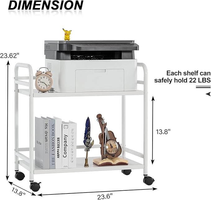 HDANI 2 Tier Under Desk Printer Stand with Storage,Microwave Storage Rack,Metal Rolling Printer Cart with Wheels for Home Office,Utility Storage Cart and Stand,White