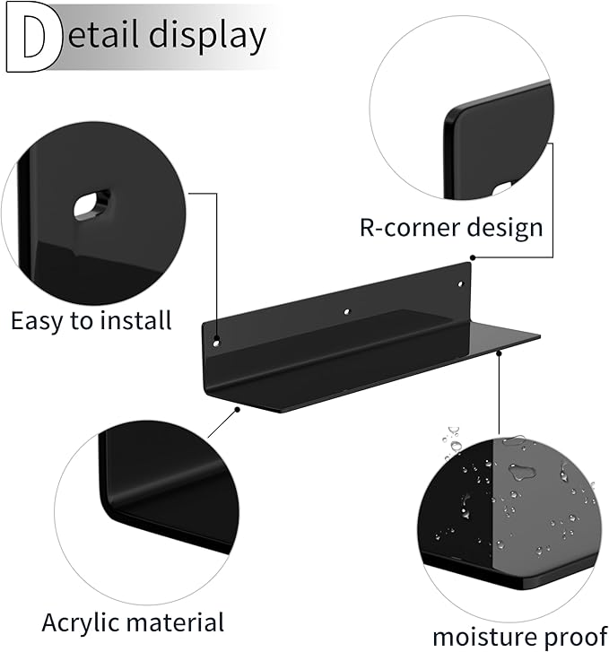 16 Inches Black Acrylic Wall Shelves 2 Pack, L Shape Floating Shelf, Acrylic Corner Shelf for Model Car, Candle, Calendar, Towel, Toiletries, Moisture-Proof, 4'' Depth-NeatNest
