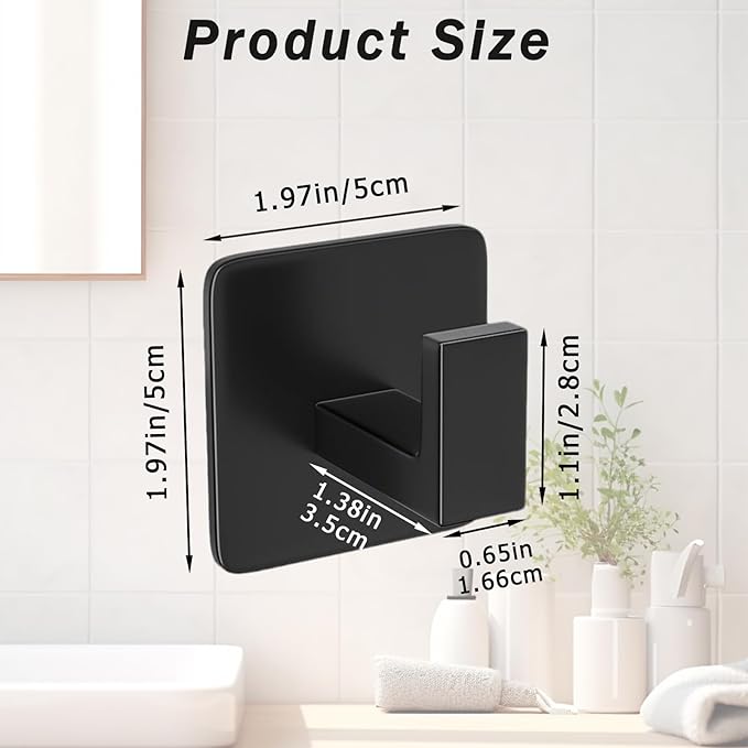 4 Pack Square Self Adhesive Towel Hooks, Matte Black Bath Towel Hook No Drilling Bathroom Towel Hook Aluminum Heavy Duty Wall Hooks for Bathroom Bedroom Kitchen (2 Inch,Matte Black)