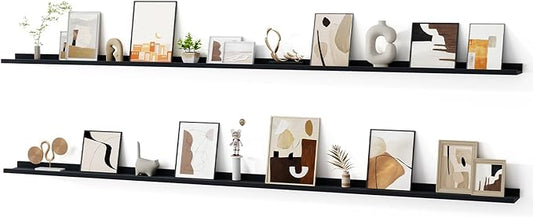 Floating Picture Ledge Shelves for Wall Set of 2, 95 Inches Picture Ledge Shelf with Long Large Nursery Book Shelf for Toys Storage Kids Bookshelf Wall Mounted Living Room Bedroom Decor Frames, Black-NeatNest