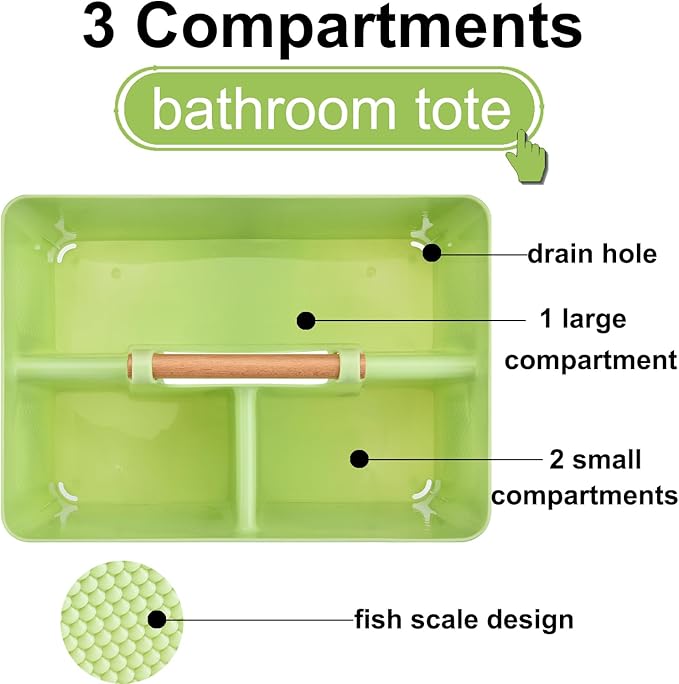 Haundry Plastic Green Shower Caddy Basket with 3 Compartments, Portable Divided Bathroom Cleaning Caddy Organizer Storage Tote with Handle for Dorm, College, Room Essentials