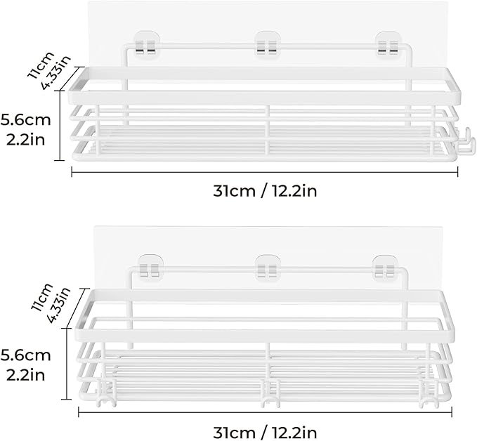 Orimade Shower Caddy with 5 Hooks for Hanging Razor and Sponge Adhesive Shower Shelf Basket Bathroom Storage Organizer Kitchen Rack No Drilling Stainless Steel Rustproof - 2 Pack,White