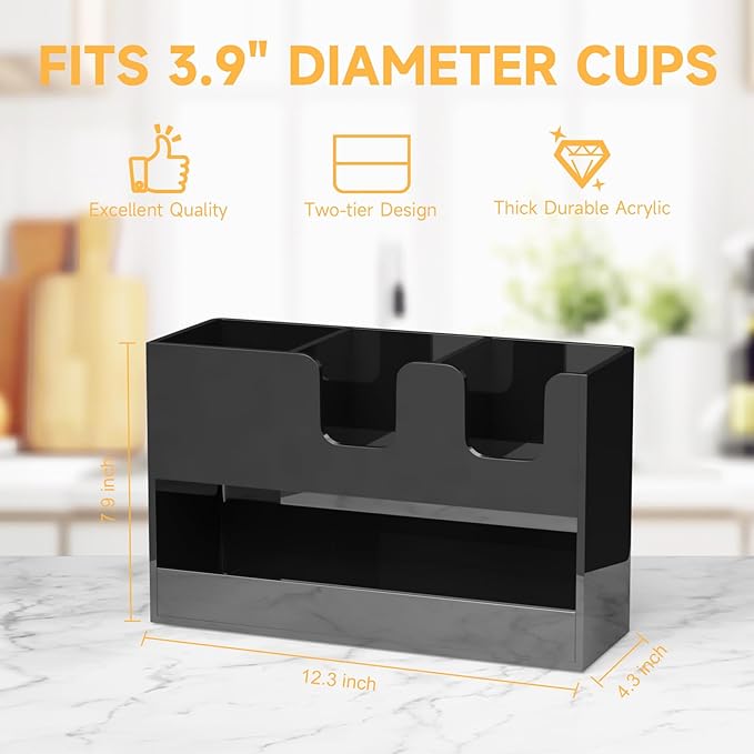 Coffee Condiment and Cup Organizer - 2-Tier Upright Cup and Lid Holder with Straw Organizer 4 Compartments Black Acrylic Cup Dispenser for Restaurant Breakroom Coffee Station Countertop-NeatNest