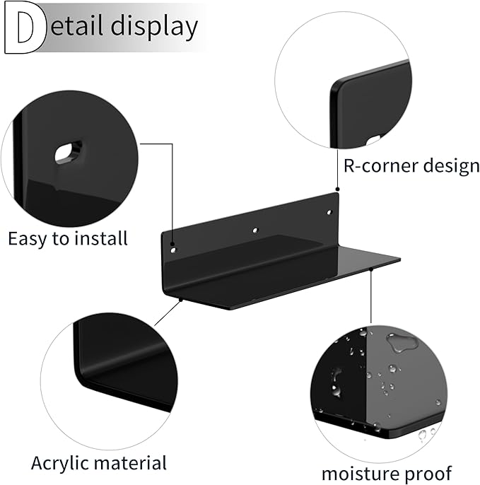 12 Inches Black Wall Shelves Set of 2, Acrylic Bathroom Shelves Wall Mounted for Home Décor, Plants, Cosmetics, Skincare, Moisture-Proof, 4'' Depth, 2 Pack-NeatNest