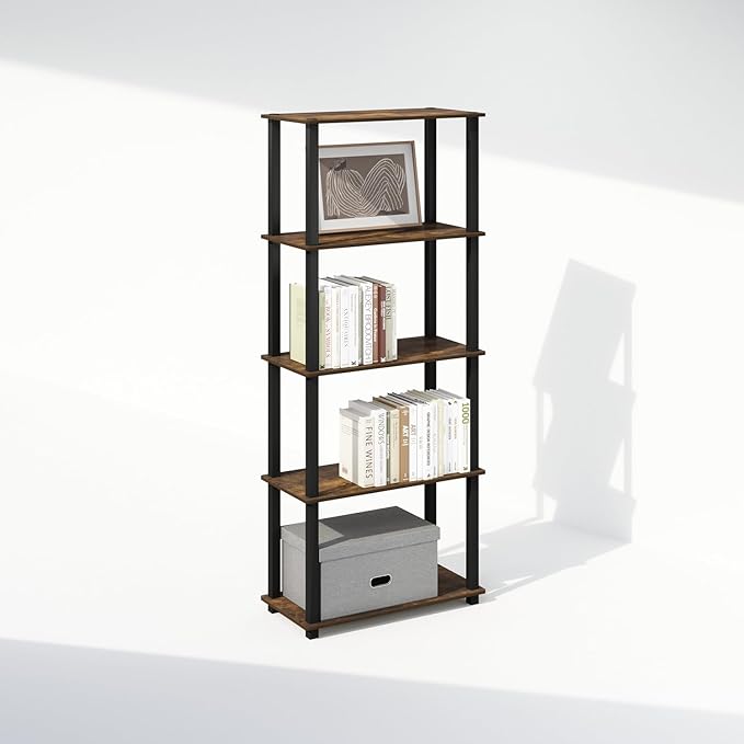 Furinno Turn-S-Tube 3-Tier Compact Multipurpose Shelf Display Rack with Square Tube, Amber Pine/Black, Set of 2-NeatNest