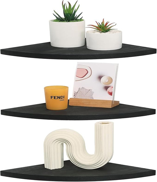 Corner Wall Shelves, Wood Corner Floating Shelves with Cable Raceway, Wall Mount Storage Display for TV Accessories, Monitor, Speaker, Cable Box, Game Console (Black, Fan-Shaped- 10 Inch)-NeatNest