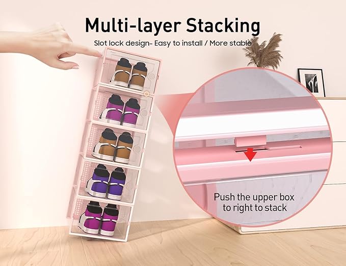 Kuject X-Large Shoe Storage Boxes Organizers Clear Plastic Stackable 12 Pack, Shoe Rack & Holder Substitute, Sneaker Containers, Toy Storage Organizer Bins for Entryway, Closet, Under Bed, Pink-NeatNest