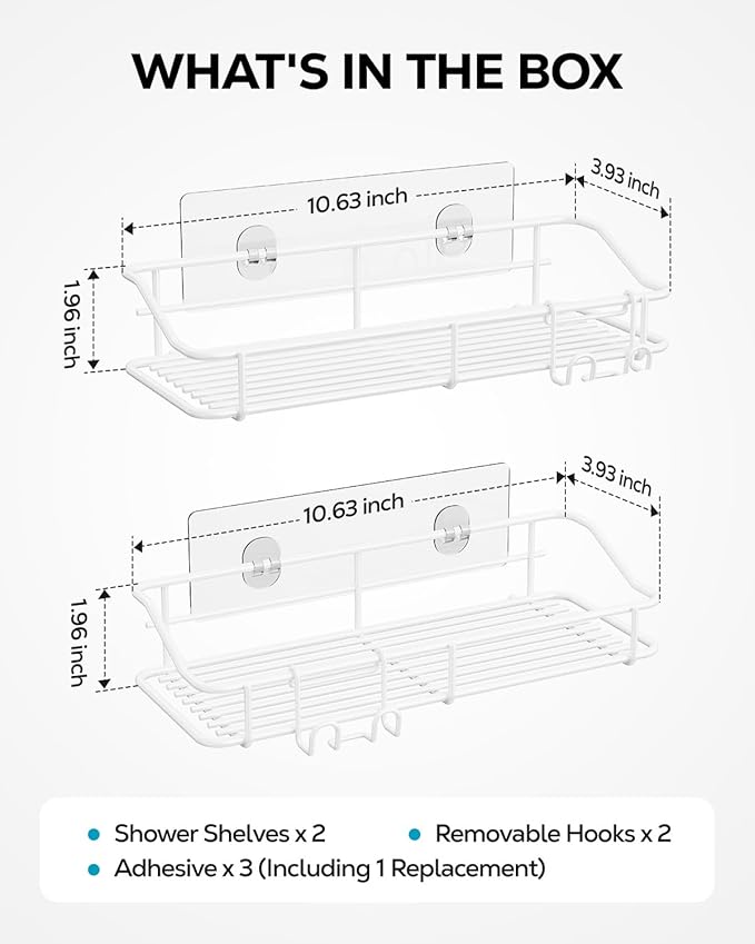 Nieifi Shower Caddy Shelf with Hooks Storage Rack Organizer Adhesive Stainless Steel Without Drilling for Bathroom, Lavatory, Washroom, Restroom, Shower, Toilet, Kitchen - 2 Pack (White)-NeatNest
