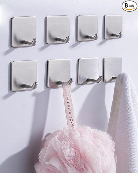 8 Pack Adhesive Wall Hooks, Self-Adhesive Hooks for Bathroom, Door Back Stick-On Towel Hooks, Hanging Coat Hat Key Washcloths Aprons Oven Mitts for Kitchen Shower Garage Home, Silver