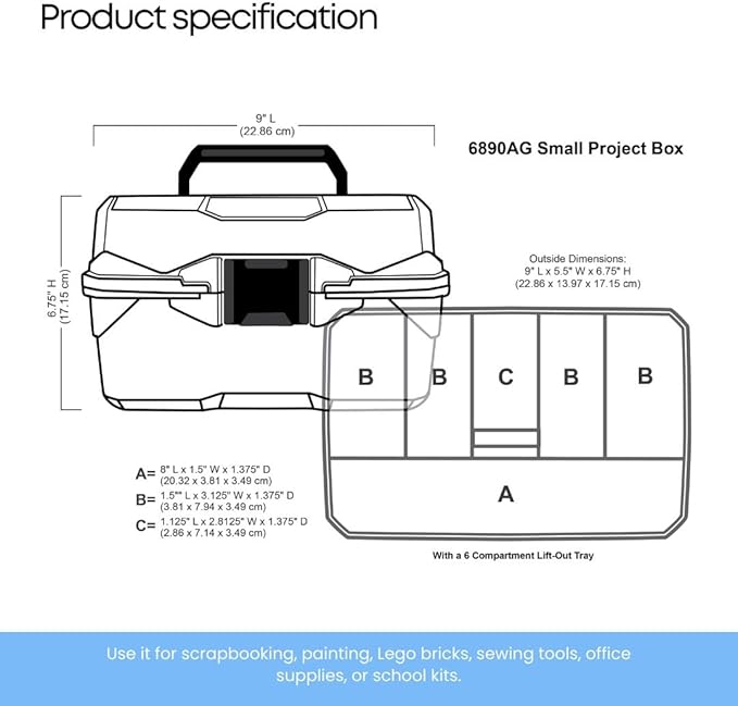 ArtBin 6890AG Small Project Box, Portable Art & Craft Organizer with Lift-Out Tray, [1] Plastic Storage Case, Clear