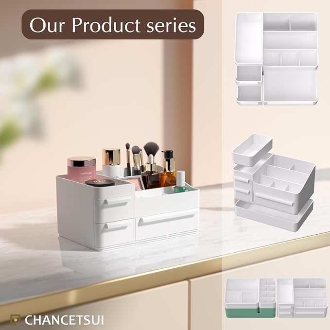 CHANCETSUI Makeup Organizer With Drawers, Makeup Desk Organizer, Bathroom Countertop Organizer for Cosmetics, Vanity Holder for Lipstick, Makeup Brush Holder/Organizer (White)