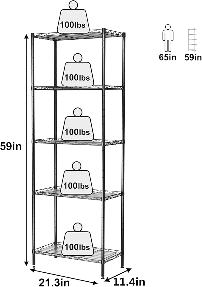 HOMEFORT 5-Shelving Unit, Adjustable Wire Shelving, Metal Wire Shelf Rack Organizer for Kitchen, Pantry, Closet, Bathroom, Laundry, Black,21" W x 11" D x 59" H