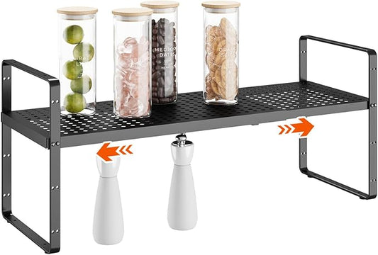 16.5-27’’L Expandable Cabinet Countertop Shelf Organizer, Stackable Metal Shelves, Kitchen Organizers and Storage, Black Storage Spice Rack for Pantry and Cupboard-NeatNest