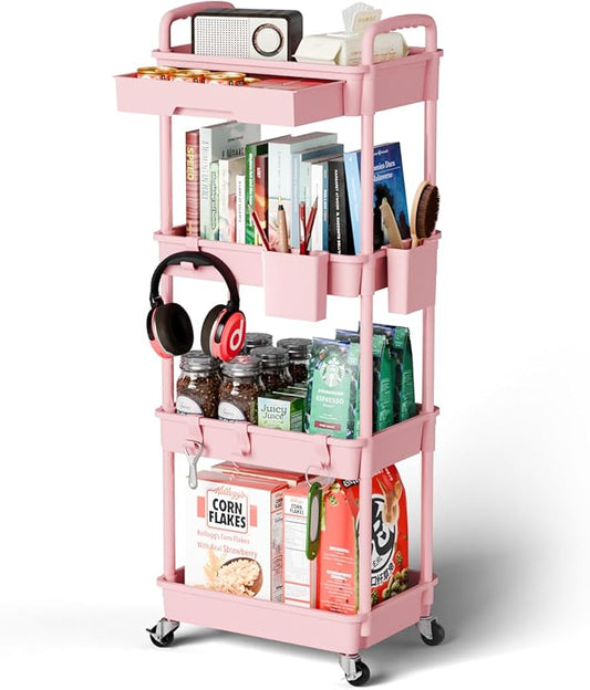 4 Tier Rolling Cart Organizer,Art Craft Diaper Bedside Snack Laundry Room Bathroom Organizer Narrow Thin Slim Rolling Trolley Utility Cart with Wheels for Kitchen,Office(Pink)-NeatNest