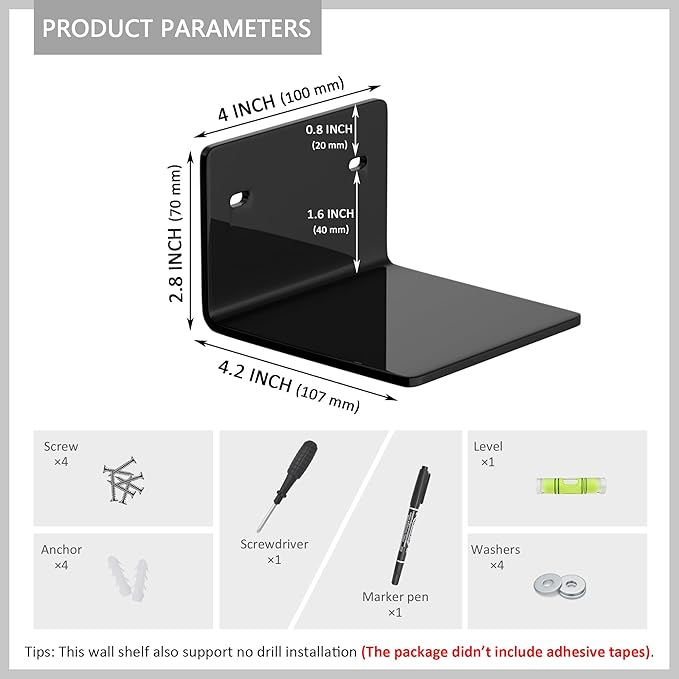 4 Inches Black Small Wall Shelves Set of 2, Acrylic Wall Organizer Shelf Display Shelves for Bedroom, Gaming Room, Living Room, Bathroom, Office, 2 Pack-NeatNest