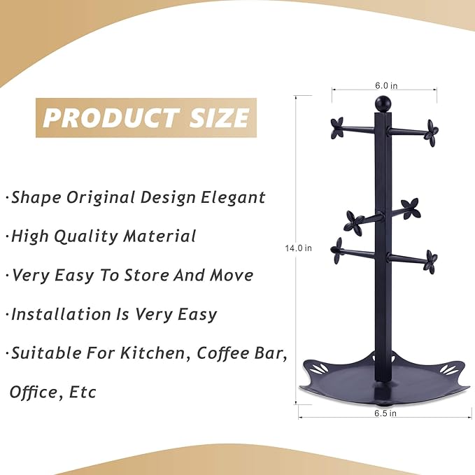 Coffee Mug Holder for Countertop, Cup Holder with 6 Hooks, Mug Stand for Counter, Coffee Bar Accessory, Mug Tree Station Organizer, Black-NeatNest