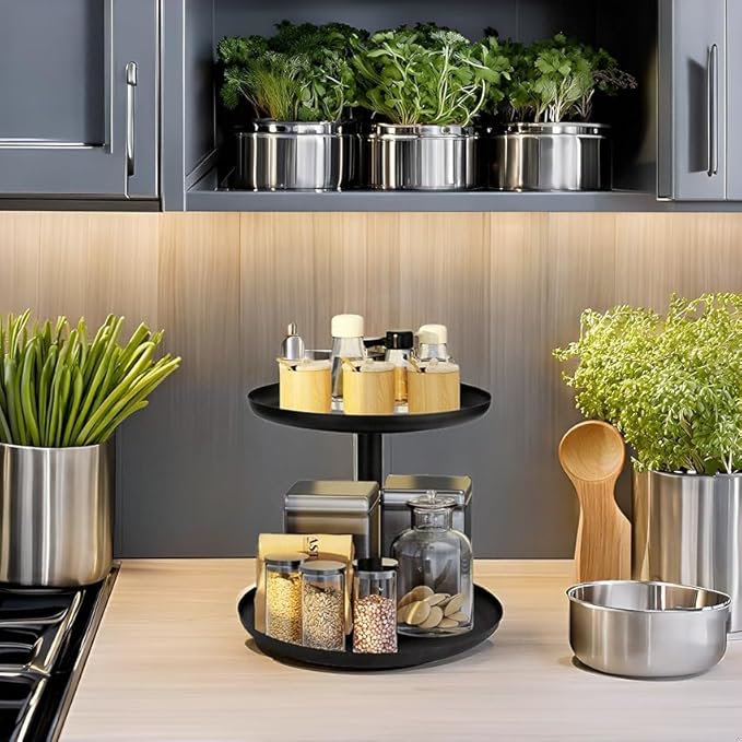 IBERG 2-Tier Metal Lazy Susan Organizer, Black, 9"&10" - Modern, Rotating Spice Organizer for Kitchen & Pantry