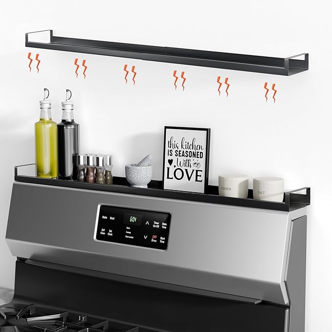 Bumusty 4X Strong Magnetic Shelf for Stove Top, 30" Adjustable Oven Shelf Spice Rack Over the Stove, Seasoning Organizer Kitchen Shelves, Matte Black-NeatNest