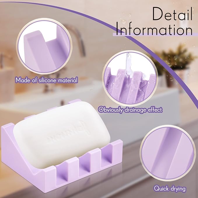 Cunhill 2 Pieces Silicone Soap Dish Self Draining Soap Dish Shower Waterfall Bar Soap Holder Tray with Drain Soap Saver for Kitchen Bathroom Accessories (Light Purple)-NeatNest