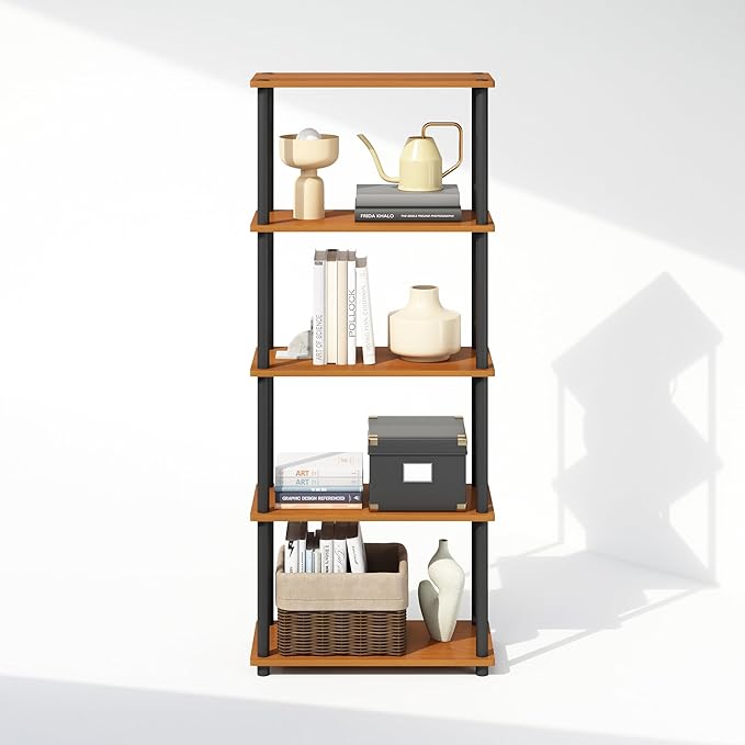 Furinno Turn-N-Tube 5-Tier Multipurpose Compact Bookcase, Light Cherry/Black-NeatNest
