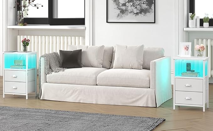 Nightstand with Charging Station, LED Night Stand with 2 Fabric Drawers PU Finish, Bedside Tables End Table with LED Light, 3-Tier Storage Side Table Nightstand with Drawers for Bedroom,White