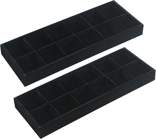 2Pcs Desk Drawer Storage Tray, Nightstand Organizer Tray, Necklace Bracelet Ring Earring Jewelry Display Tray, Grid Table Organizer Holder Tray for Sunglass, Phone, Watch, Perfume (12 grid)/Black-NeatNest