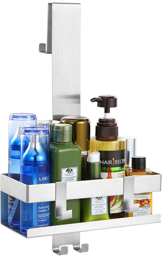 Over The Door Shower Caddy, 304 Stainless Steel Hanging Shower Caddy Rustproof Shower Shelves,No Drilling Hanging Shower Organizer for Bathroom Glass Door Up to 1.5cm,Basket: 23×10×10cm,Silver