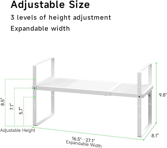 Expandable Cabinet Storage Shelf Stackable Organizer Rack for Kitchen Bathroom Pantry Spice Cupboard Coffee Countertop Home Office Desk Heavy Duty Nonslip White Small 2 Packs-NeatNest