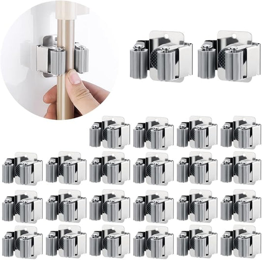 24 PCS Broom and Mop Holder, Heavy Duty Garden Tool Organizer Rack Rake and Shovel Handle, Stainless Steel Mop Hanger. Wall Mounted Utility Rack with Screws, Silver.-NeatNest
