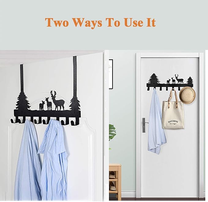 Over The Door Hook Easy Installation Organizer Coat Hooks Wall Mounted Metal Towel Hook Rack Animal Deer Hanger for Bathrooms Door Hanging Dual Mounted Key Hooks 8-Hooks,Black
