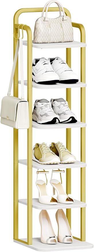 6 Tiers Vertical Shoe Rack, Narrow Shoe Tower, Tall Shoes Shelf with 2 Hooks, Adjustable Shelves, Corner Shoes Shelves for Small Spaces, Entryway, Living Room, White Gold SR04213A-NeatNest
