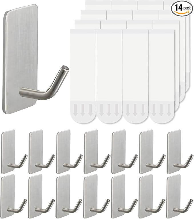 14 Pcs Towel Hooks with Removable Strips for Hanging, Adhesive Wall Hooks Heavy Duty, Outdoor No Damage, Sticky Hook for Bathrooms, Shower, Stockings, Decor, Robe, Small, Silver 304 Stainless Steel