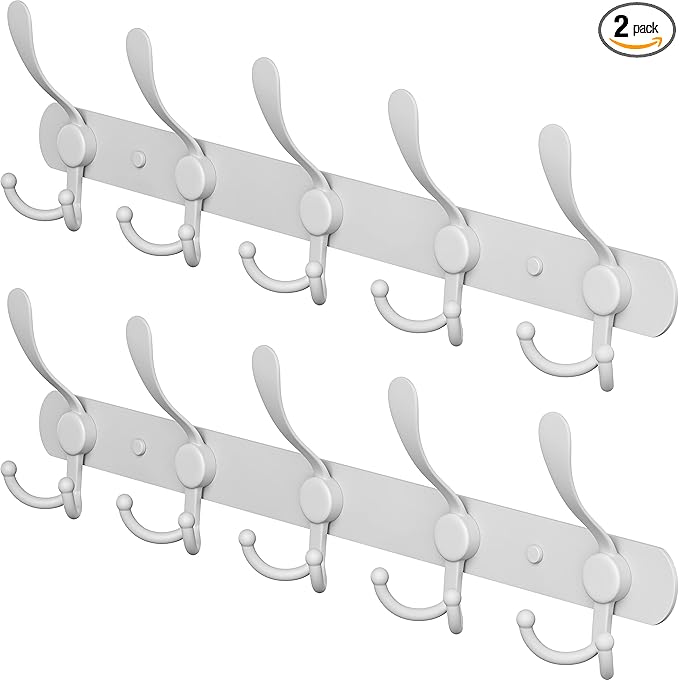 Coat Rack Wall Mount with 5 Tri Hooks, Stainless Steel 16 Inch – White Matte Finish, Heavy Duty Wall Mounted Hook Rack for Coats, Hats, Towels, Scarfs, Robes, Bags, Entryway & Bathroom-NeatNest