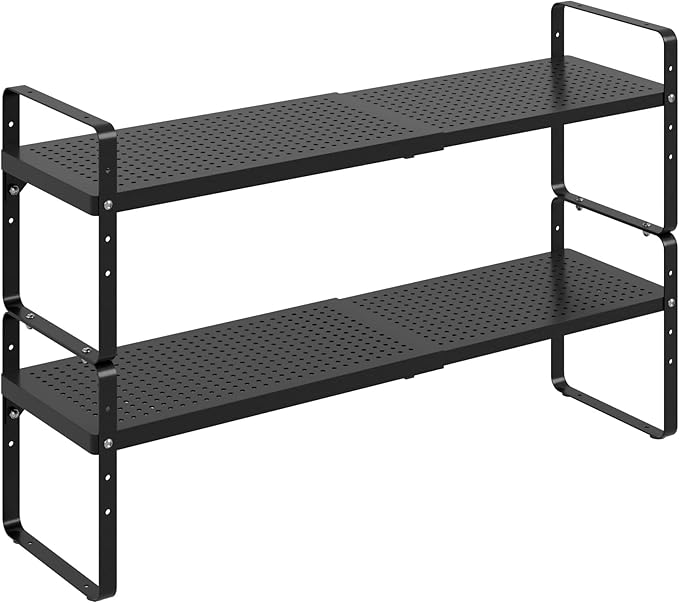 Expandable Cabinet Shelf Organizer Adjustable Metal Spice Rack Stackable Freestanding Counter Storage Shelves for Kitchen Cabinet Under Sink Office Desk (Black - 2Pack - L16.5-27'' * W8'' * H9.6'')-NeatNest