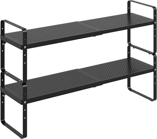 Expandable Cabinet Shelf Organizer Adjustable Metal Spice Rack Stackable Freestanding Counter Storage Shelves for Kitchen Cabinet Under Sink Office Desk (Black - 2Pack - L16.5-27'' * W8'' * H9.6'')-NeatNest