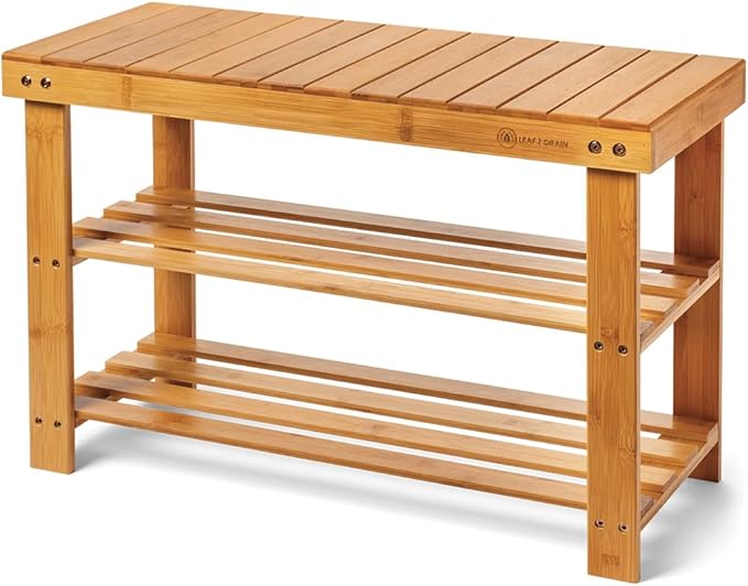 Leaf & Grain Bamboo Shoe Rack - Shoe Storage Bench for Front Door Entrance - Entryway Bench with Shoe Shelf, Shoe Storage Organizer, Wooden Shoe Rack, Durable Shoe Bench for Home (Brown)-NeatNest