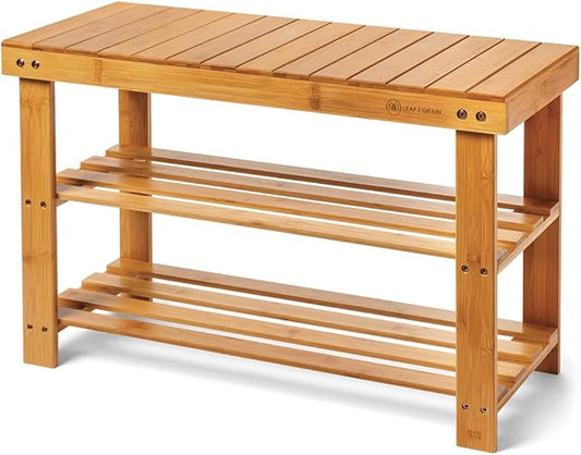 Leaf & Grain Bamboo Shoe Rack - Shoe Storage Bench for Front Door Entrance - Entryway Bench with Shoe Shelf, Shoe Storage Organizer, Wooden Shoe Rack, Durable Shoe Bench for Home (Brown)-NeatNest