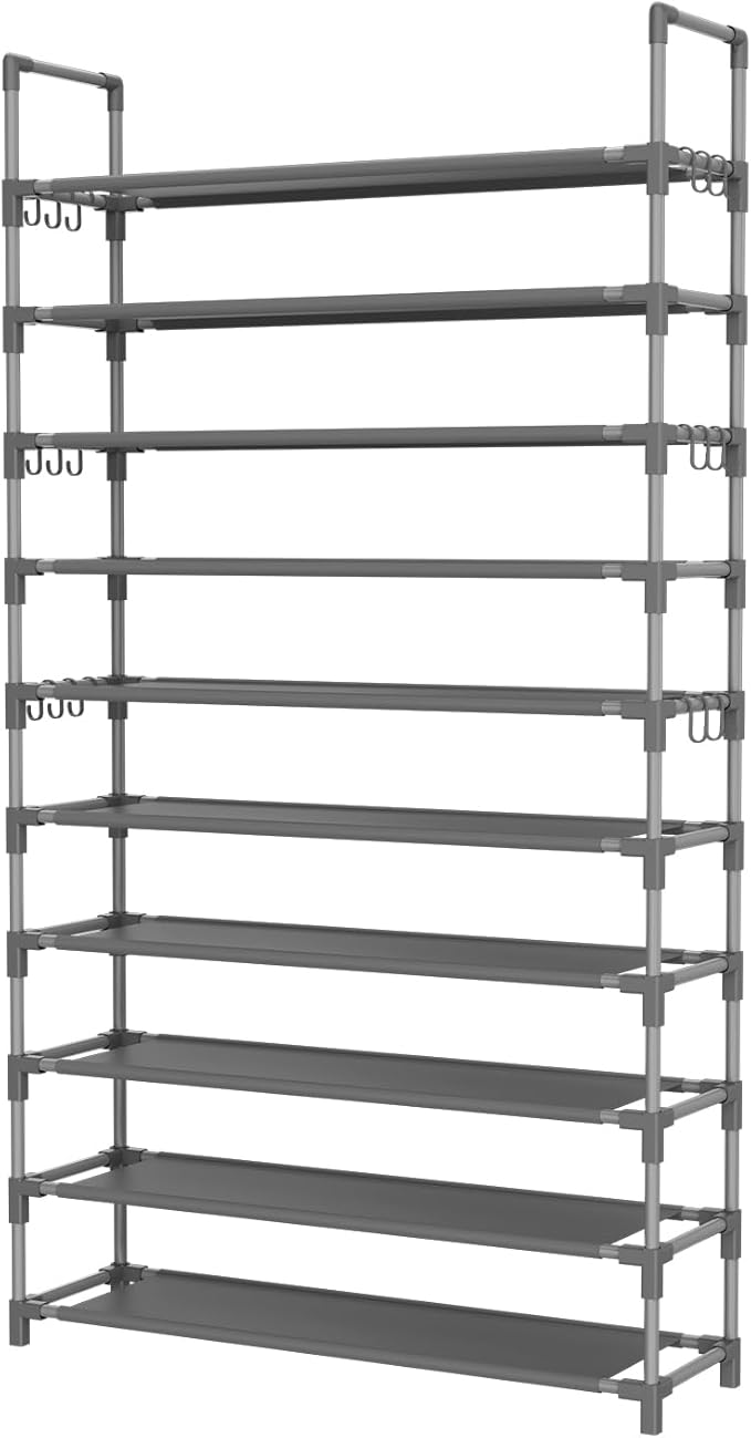 Tall Shoe Rack 10 Tier Shoe Organizer Large Shoe Shelf with 18 Hooks Storage for 50 Pair Sneaker and Boot, Stackable Vertical Shoe Rack Organizer for Closet, Entryway, Bedroom, Grey-NeatNest