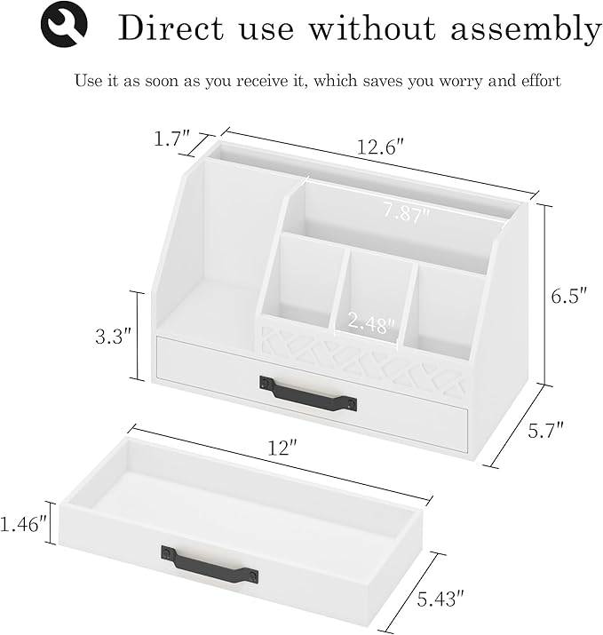 Bamboo Desk Organizer with Drawers, Mail Organizer Countertop Wood Desk Drawer Tabletop Storage Organization Pen Holder Letter Sorter Makeup Organizer for School Home Office (White)-NeatNest